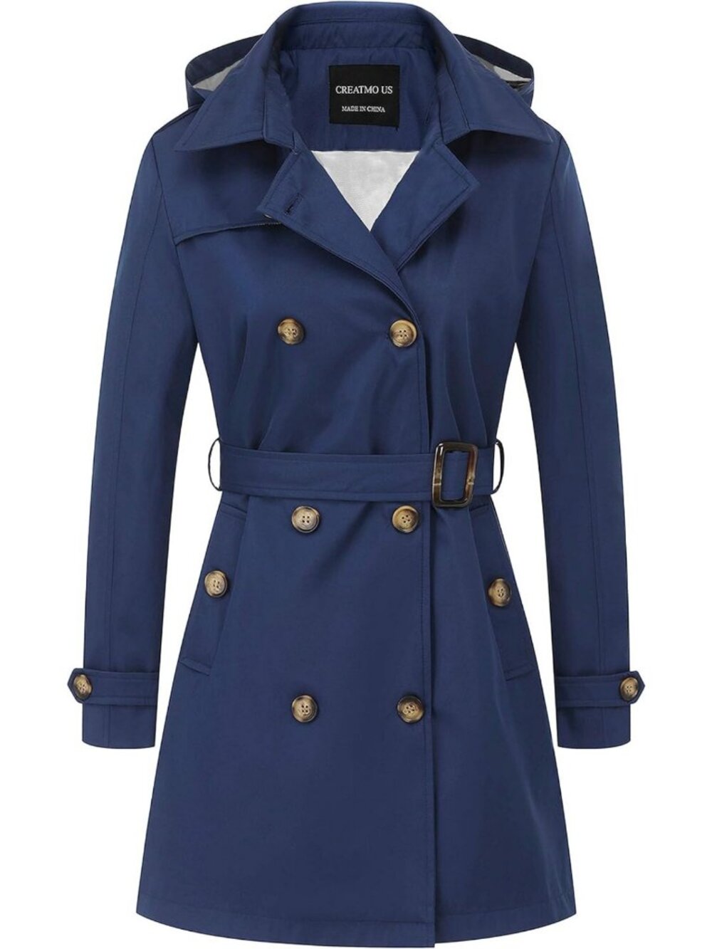 Chic Women's Double-Breasted Trench Coat with Detachable Hood & Belted Slim Fit
